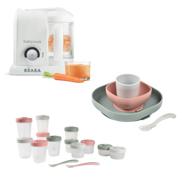 Robot Babycook Solo White et silver + Lot de 12 pots de conservation Eucalyptus + Coffret repas silicone 4 pièces eucalyptus
