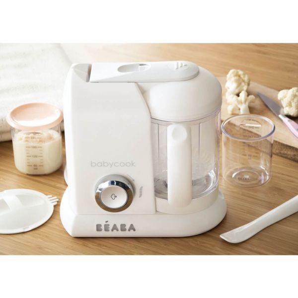 Robot Babycook Solo White et silver + Lot de 12 pots de conservation Eucalyptus + Coffret repas silicone 4 pièces eucalyptus