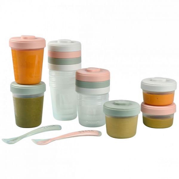 Robot Babycook Solo White et silver + Lot de 12 pots de conservation Eucalyptus + Coffret repas silicone 4 pièces eucalyptus