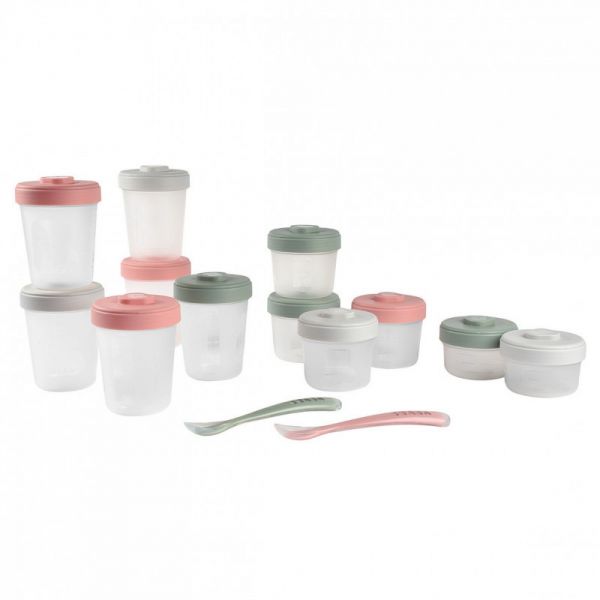 Robot Babycook Solo White et silver + Lot de 12 pots de conservation Eucalyptus + Coffret repas silicone 4 pièces eucalyptus
