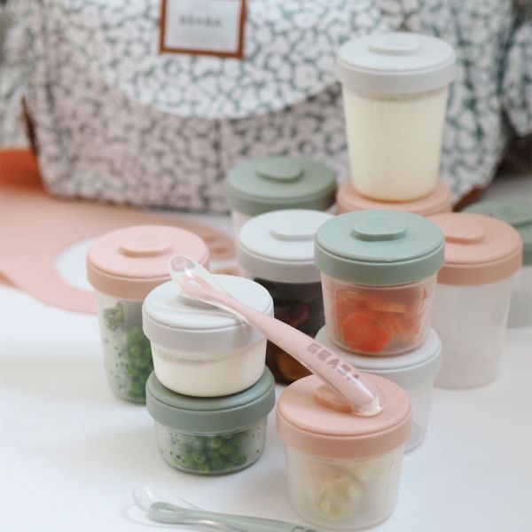 Robot Babycook Solo White et silver + Lot de 12 pots de conservation Eucalyptus + Coffret repas silicone 4 pièces eucalyptus