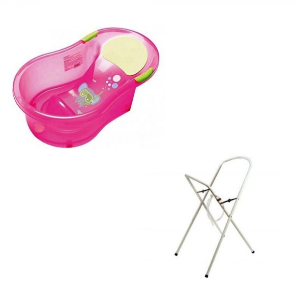 Baignoire 0-6 mois éléphant rose avec transat intégré + petit support de baignoire