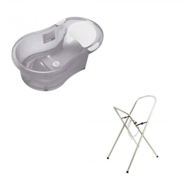 Baignoire 0-6 mois grise pailletée translucide avec transat intégré + petit support de baignoire