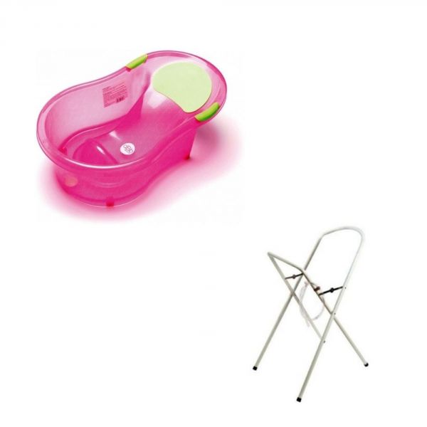 Baignoire 0-6 mois rose pailletée translucide avec transat intégré + petit support de baignoire