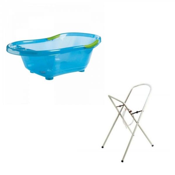 Baignoire bébé bleue avec vidange + grand support de baignoire