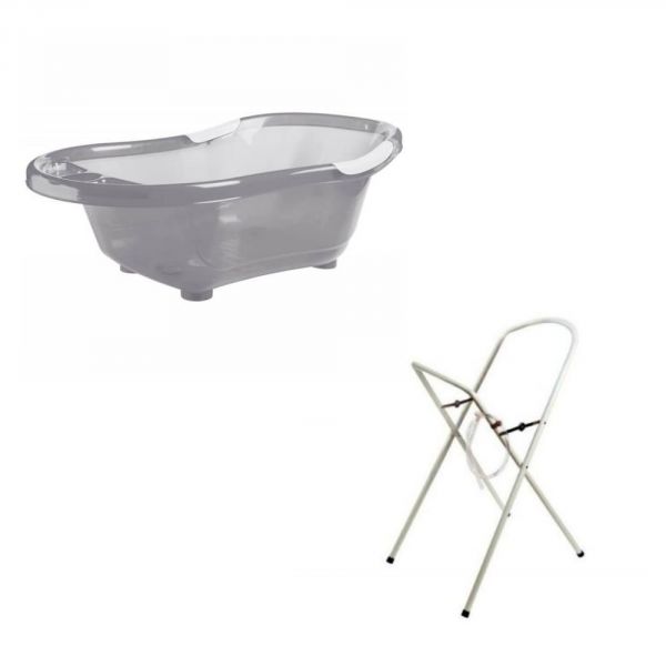 Baignoire bébé grise avec vidange + grand support de baignoire