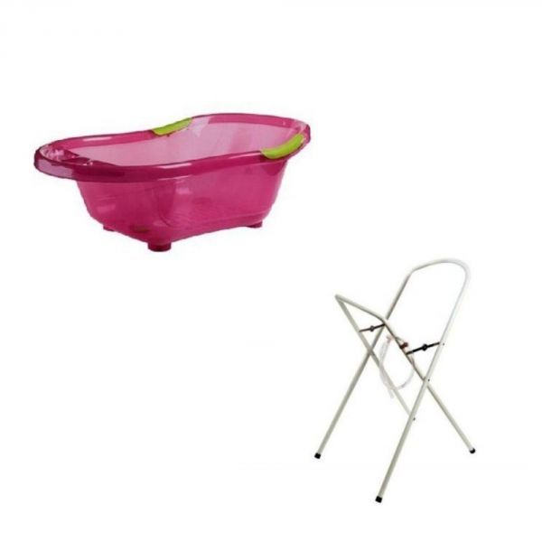 Baignoire bébé rose avec vidange + grand support de baignoire