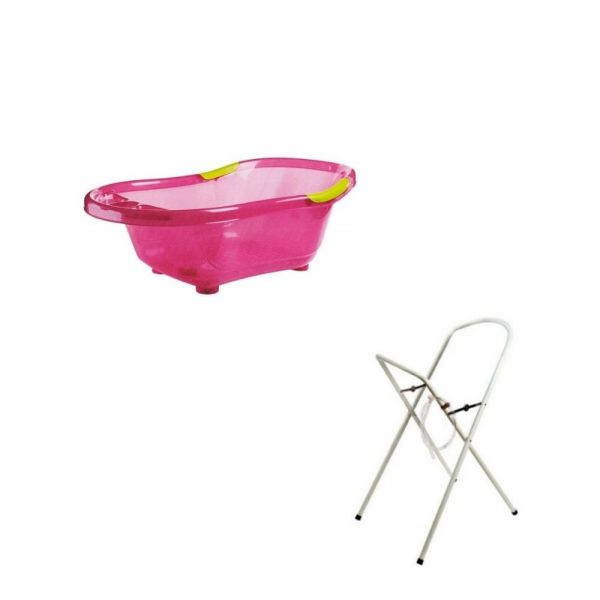 Baignoire bébé rose pailletée avec vidange + grand support de baignoire