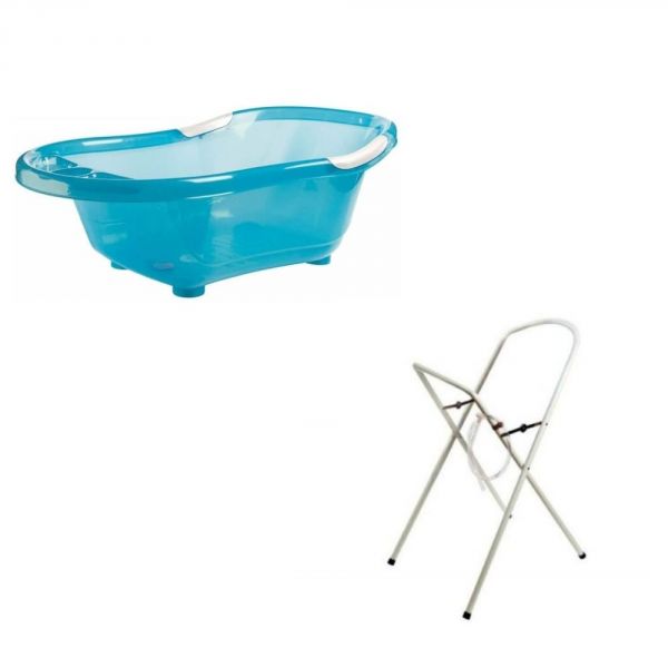 Baignoire bébé turquoise avec vidange + grand support de baignoire