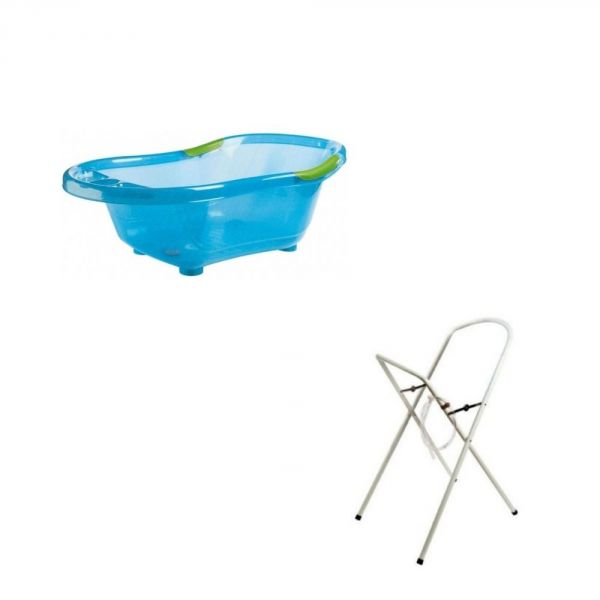 Baignoire bébé bleue pailletée translucide avec vidange + grand support de baignoire