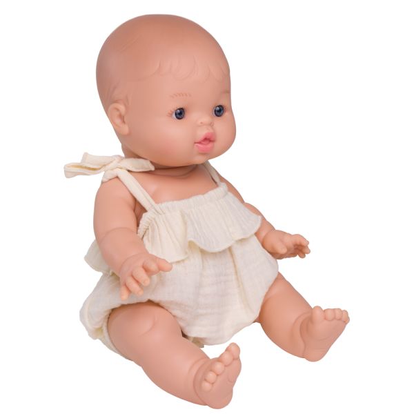 Barboteuse bretelles à volant écru pour poupée 34 à 37 cm