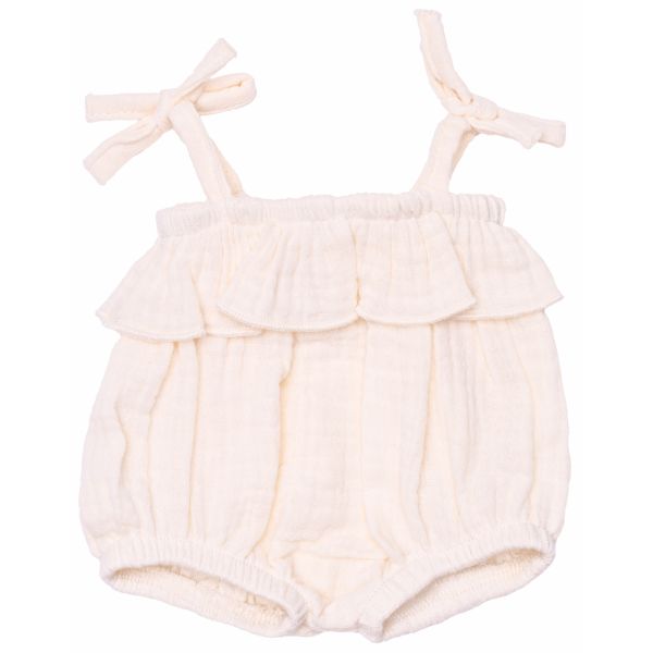 Barboteuse bretelles à volant écru pour poupée 34 à 37 cm