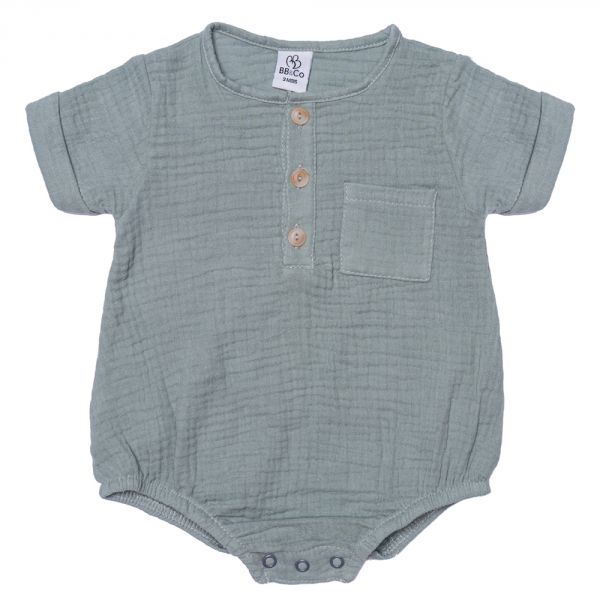 Barboteuse garçon en gaze de coton vert de gris - 3 mois