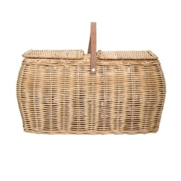 Panier pique nique en rotin tressé et anse en cuir
