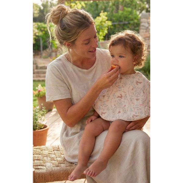 Bavoir 2 en 1 bi-matière (poncho/ épaule) jardin enchanté/ ivoire