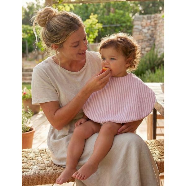 Bavoir 2 en 1 bi-matière (poncho/ épaule) rayé vieux rose