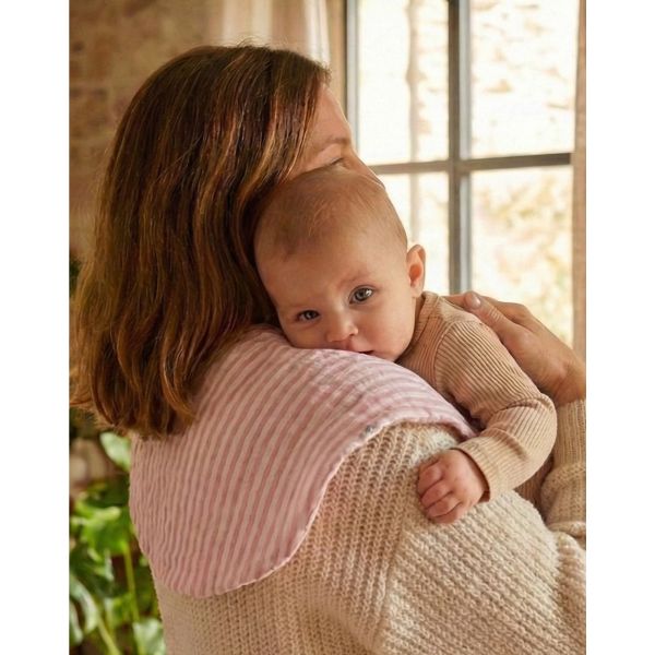 Bavoir 2 en 1 bi-matière (poncho/ épaule) rayé vieux rose