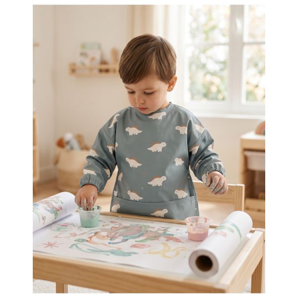 Bavoir imperméable à manches et poche récupératrice Dinos 6M+