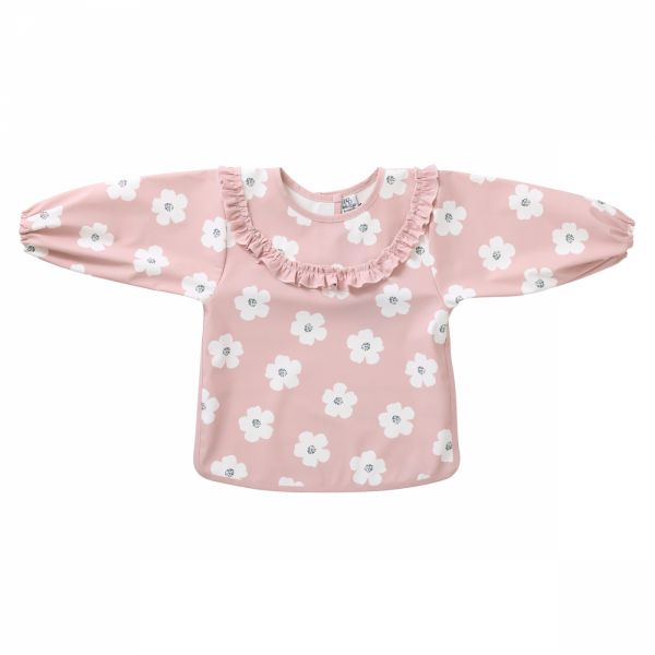 Bavoir tablier col claudine imperméable - fleurs rose 6/24 mois