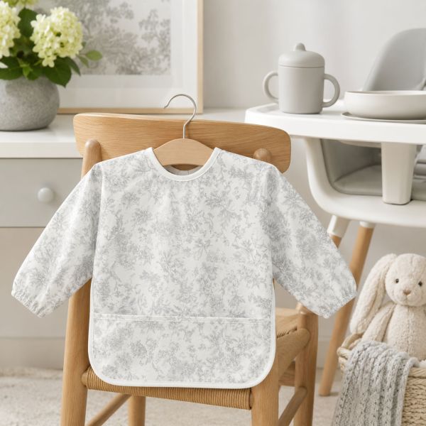 Bavoir à manches imprimé Toile de Jouy Gris