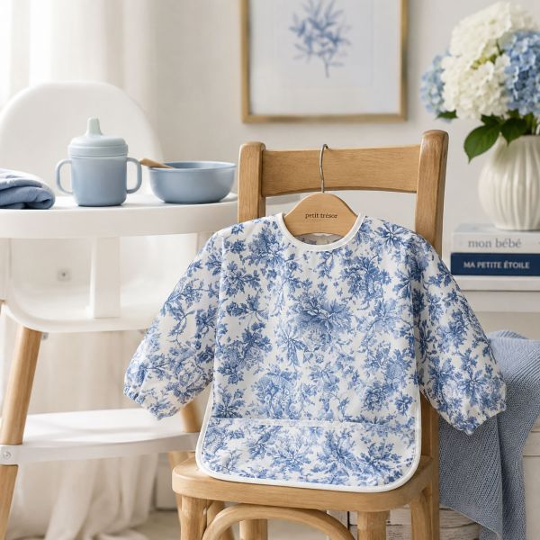 Bavoir à manches imprimé Toile de Jouy Bleu