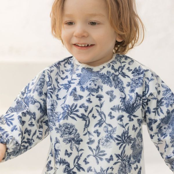 Bavoir à manches imprimé Toile de Jouy Bleu