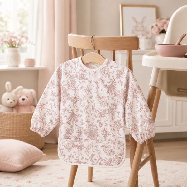 Bavoir à manches imprimé Toile de Jouy Rose