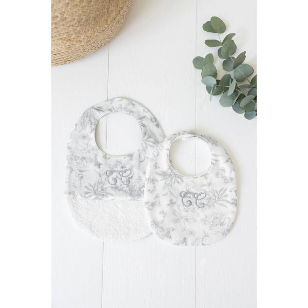 Bavoir bébé réversible imprimé Toile de Jouy T2 Gris
