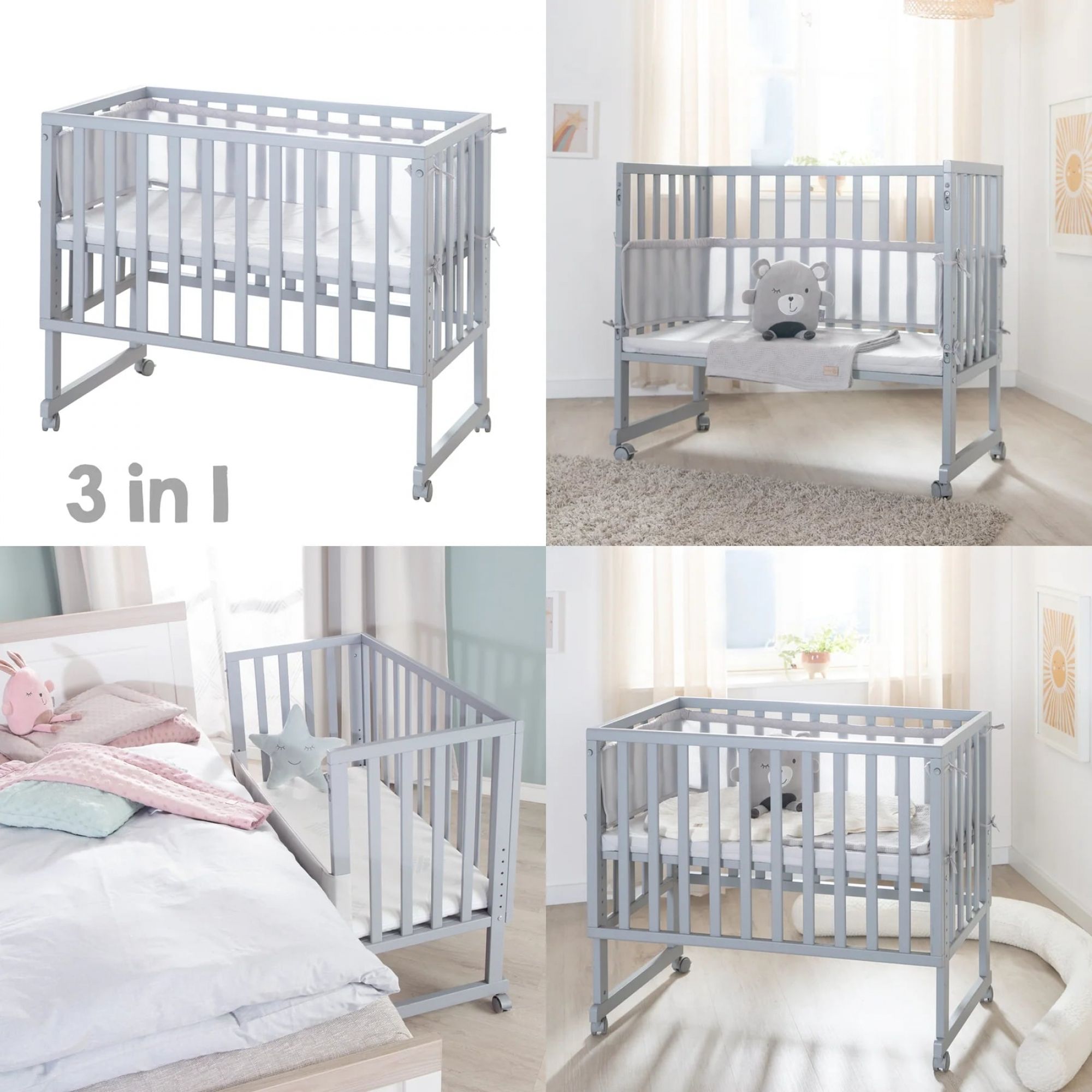 Lit cododo et berceau Roba style 3 en 1 en bois gris - Made in Bébé