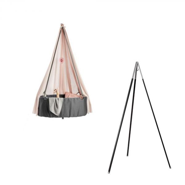 Berceau gris Classic avec trépied et voile Rose pastel