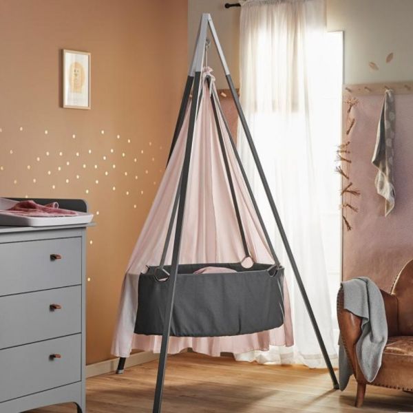 Berceau gris Classic avec trépied et voile Rose pastel