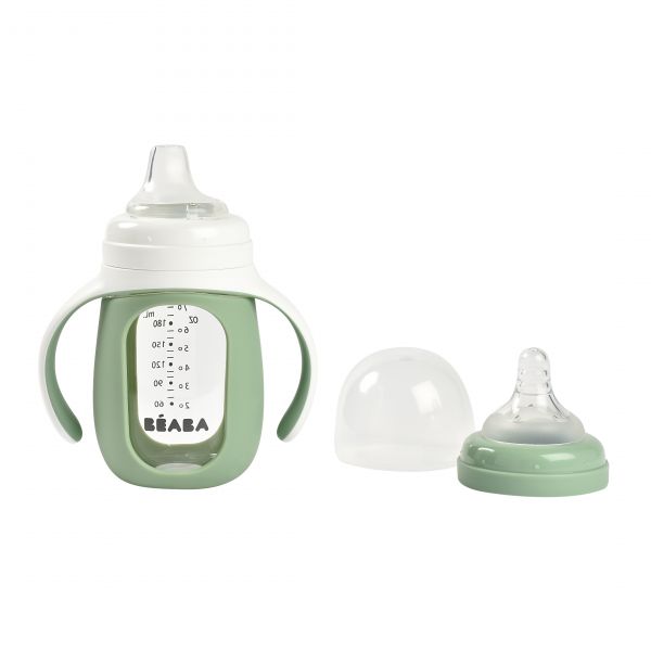 Biberon d'apprentissage en verre 2 en 1 - 210 ml - vert sauge