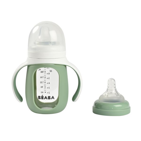 Biberon d'apprentissage en verre 2 en 1 - 210 ml - vert sauge