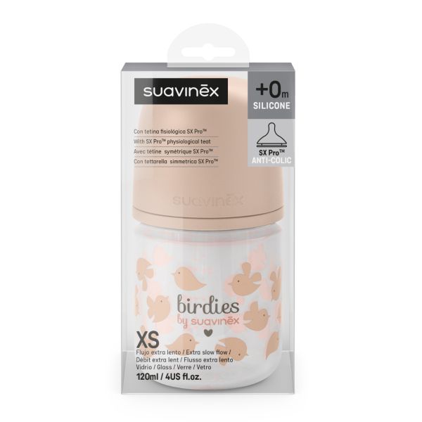 Biberon en verre bébé 120 ml avec tétine SX Pro Birdies Rose