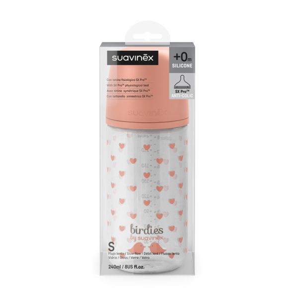 Biberon en verre bébé 240 ml avec tétine SX Pro Birdies Rose