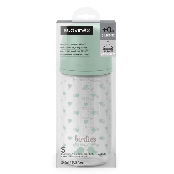 Biberon en verre bébé 240 ml avec tétine SX Pro Birdies Vert