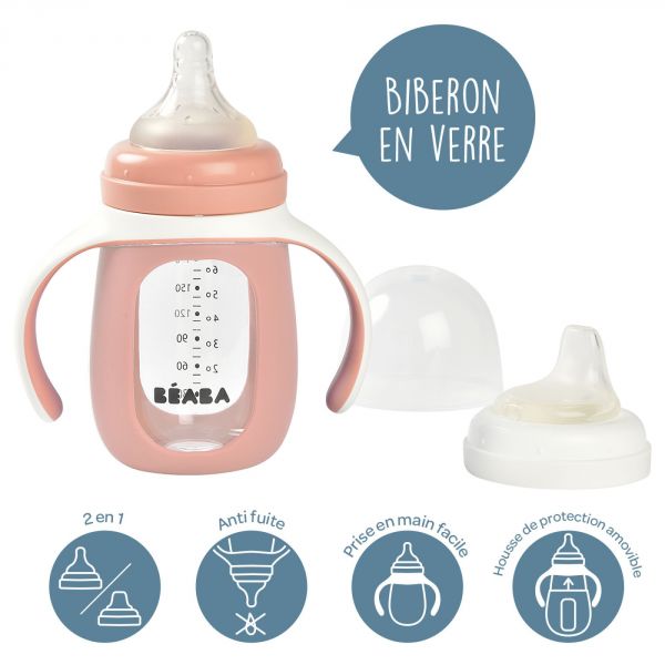 Biberon verre d'apprentissage 2 en 1 210 ml + housse silicone - old pink