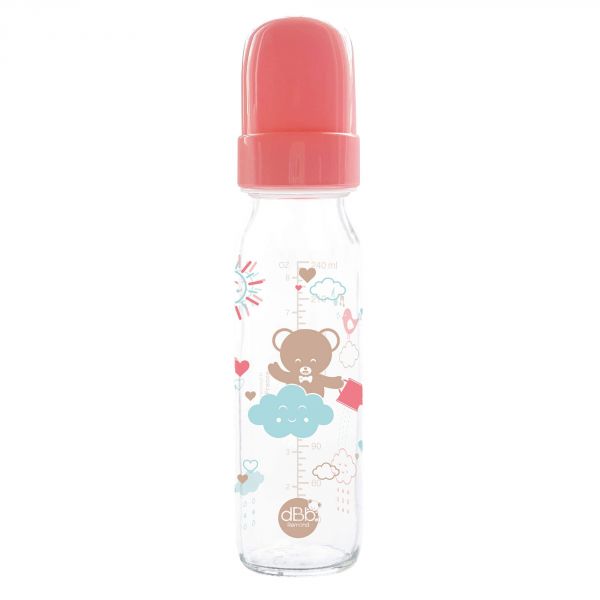 Biberon verre Ourson 240 ml Régul'air tétine nouveau-né silicone corail