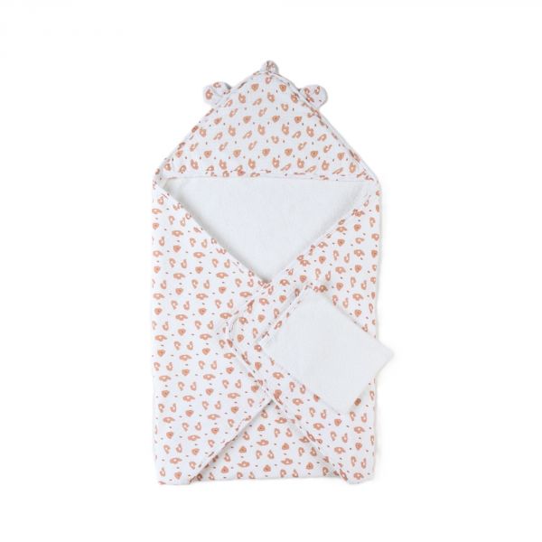 Cape de bain bébé en mousseline écru/terracotta
