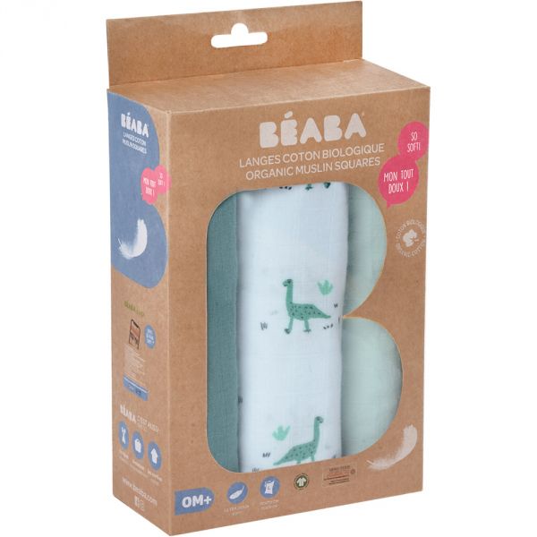 Lot de 3 langes en coton biologique Jurassique