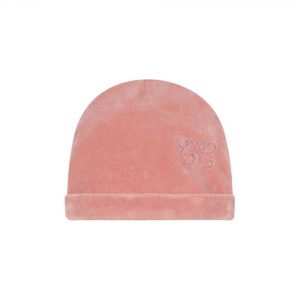 Bonnet bébé Toile de Jouy velours rose T0