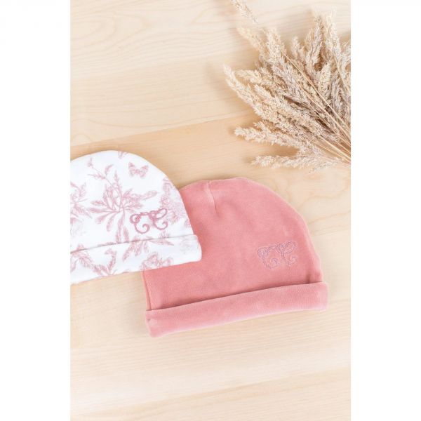 Bonnet bébé Toile de Jouy velours rose T0