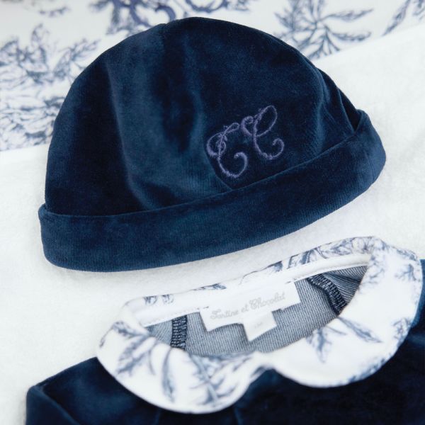 Bonnet bébé en velours Toile de Jouy T0