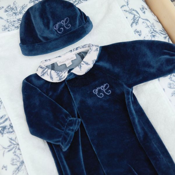 Bonnet bébé en velours Toile de Jouy T0