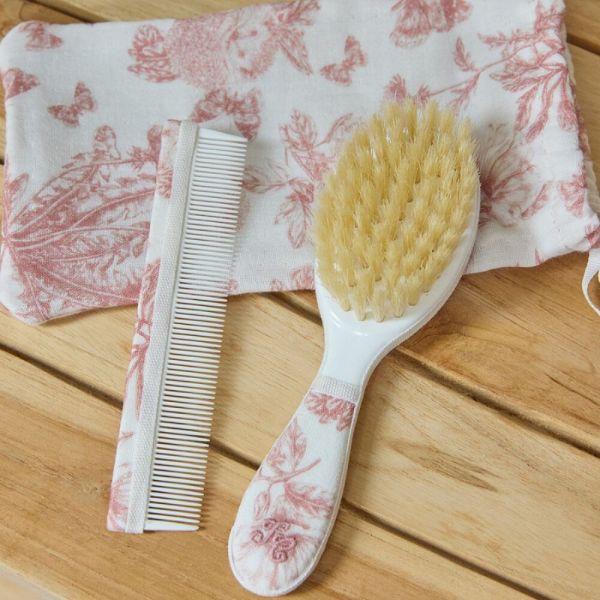 Kit brosse et peigne bébé imprimé Toile de Jouy Rose