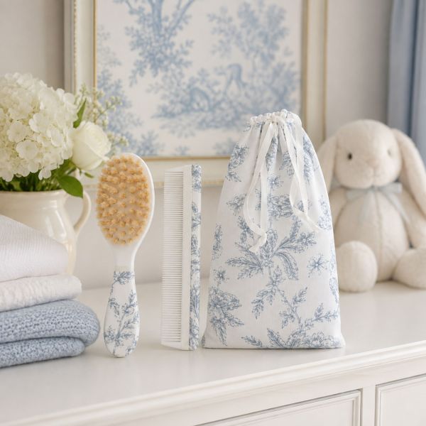 Kit brosse et peigne bébé imprimé Toile de Jouy Bleu