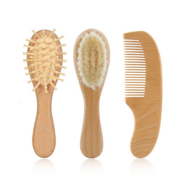 Lot de 3 brosses de soins pour bébés en bois naturel