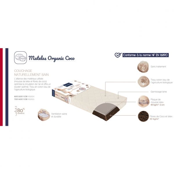 Matelas bébé Organic coco 60 x 120 cm