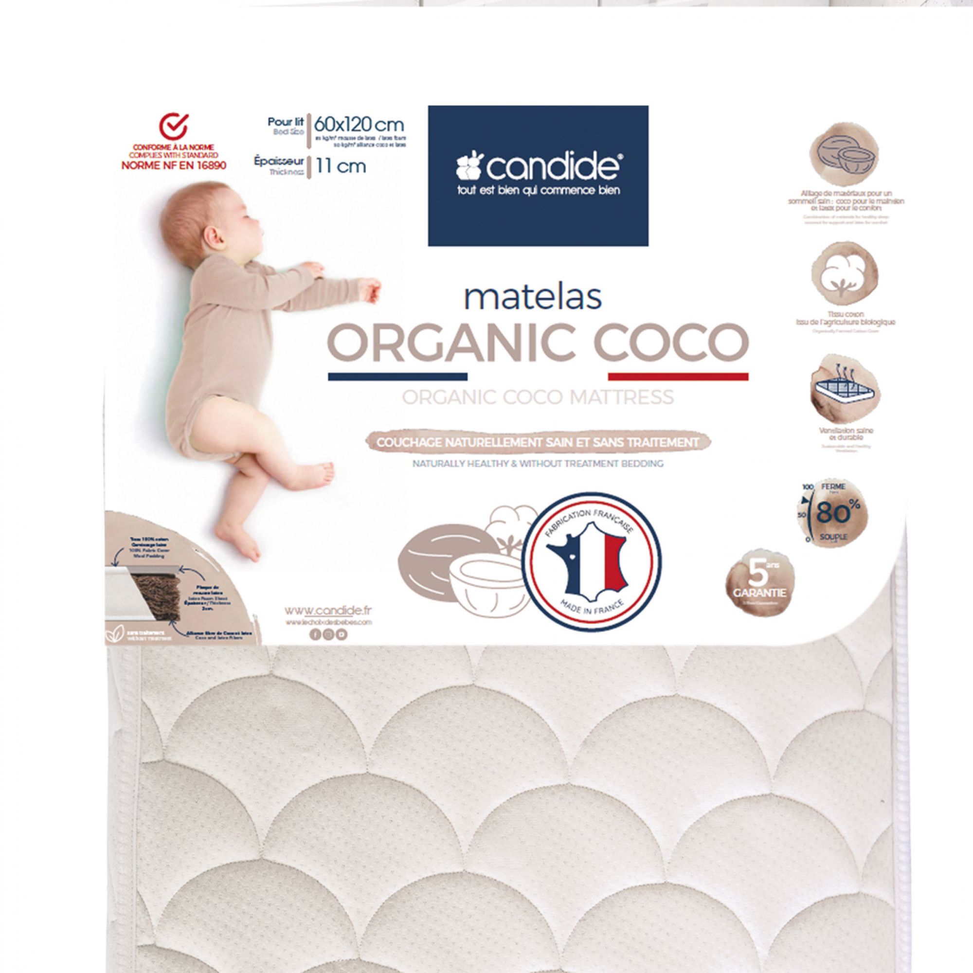 Candide Matelas Bebe Organic Coco 60 X 1 Cm Made In Bebe