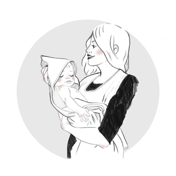 Cape de bain tablier en bambou et gaze rayée ivoire/ galet